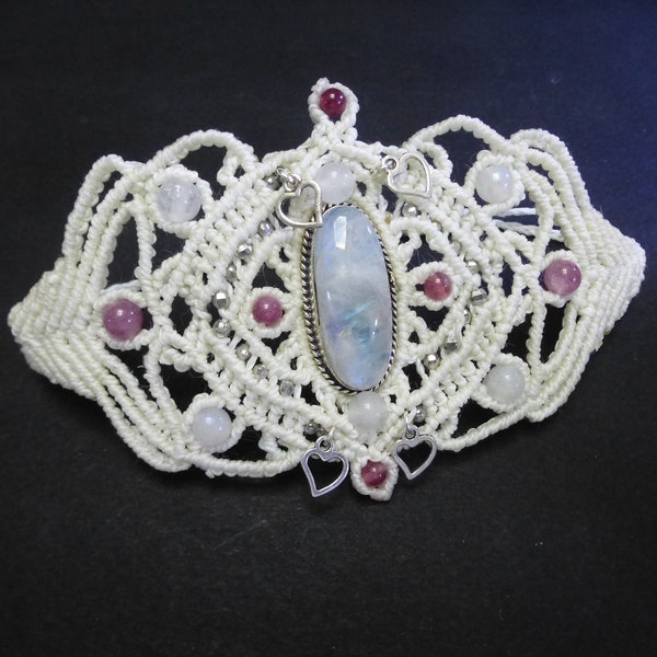 Bracelet manchette blanc - pierre de lune et Tourmaline