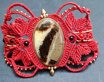 Cuff bracelet - micro macrame - yellow Septaria cabochon