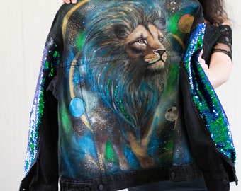 Hand Painted Jacket,Women Jacket,Clothes With Sequins,Painted Denim Jacket,Custom Denim Jacket, Denim Jacket With Sequins,Clothes With Space