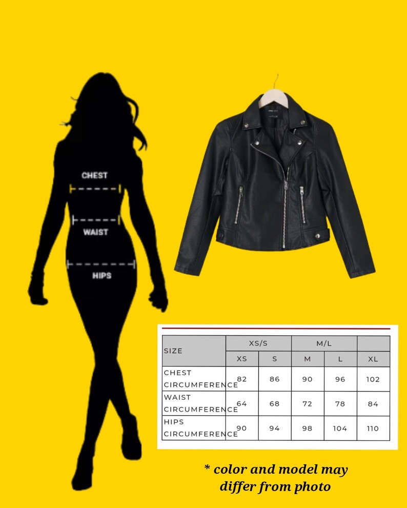 Puede incluir: Tabla de tallas para una chaqueta de moto de cuero sint&eacute;tico negro con detalles de cremallera. La tabla muestra las medidas en pulgadas para la circunferencia del pecho, la cintura y las caderas para las tallas XS, S, M, L y XL.