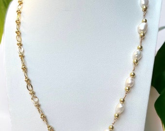 14k Gold Filled Half Freshwater Baroque Pearl Toggle Necklace