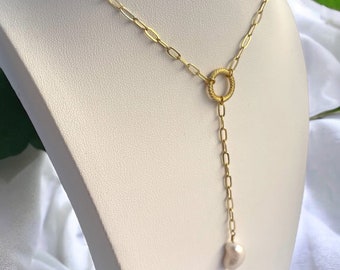 18k Gold Filled Paperclip Chain Freshwater Pearl Twisted Circle Lariat Necklace