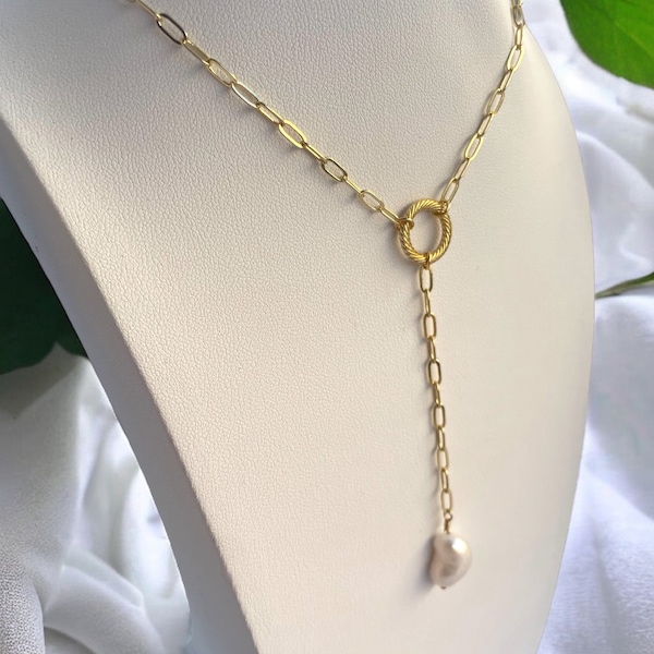 18k Gold Filled Paperclip Chain Freshwater Pearl Twisted Circle Lariat Necklace