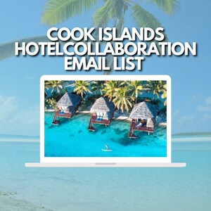 Peut inclure: Écran d'ordinateur portable affichant une vue aérienne de trois bungalows sur pilotis dans les îles Cook. Le texte "COOK ISLANDS HOTEL COLLABORATION EMAIL LIST" est affiché au-dessus de l'image.