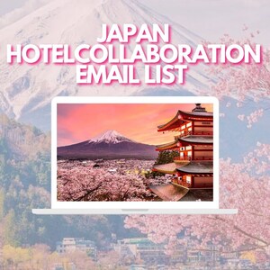 Peut inclure: Un ordinateur portable affichant une image panoramique du mont Fuji, d'une pagode japonaise traditionnelle et de cerisiers en fleurs. Le texte "JAPAN HOTEL COLLABORATION EMAIL LIST" est affiché au-dessus de l'ordinateur portable.