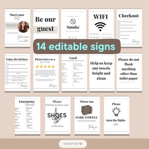 14 + Airbnb Sign Bundle | EDYTOWALNE oznakowanie Airbnb | Znaki wynajmu wakacyjnego | Lista wymeldowań gości, zasady domu, szablon znaku Wi-Fi