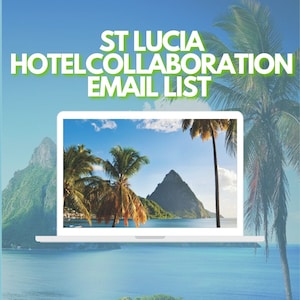 Peut inclure: Un ordinateur portable affichant une vue panoramique d'une île tropicale avec des montagnes verdoyantes, des palmiers et une mer turquoise. Le texte "ST LUCIA HOTEL COLLABORATION EMAIL LIST" est affiché au-dessus de l'ordinateur portable.