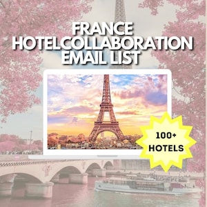 Peut inclure: Un écran d'ordinateur portable affichant une image de la tour Eiffel à Paris, en France. Le texte "FRANCE HOTEL COLLABORATION EMAIL LIST" est affiché au-dessus de l'ordinateur portable. Un éclat jaune avec le texte "100+ HOTELS" est affiché à droite de l'ordinateur portable.