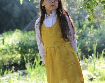 Linen Sundress, Linen Pinafore, Yellow Linen, Flower Girl Dress, Summer Dress, Linen Dress Girl, Kids Clothing, Toddler dress