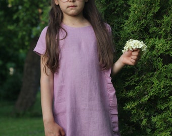 Girls Linen Dress With Ruffles, Natural Linen Short Sleeve, Linen Summer Dress, Lavender Dress For Girls.