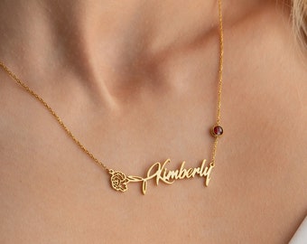 Custom Made Silver Name Necklace with Birth Flower and Birthstone, Personalized Floral Necklace, Handmade Birthday Gift for Mom, Bridesmaids