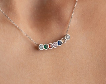 Personalized Silver Family Birthstone Necklace | Dainty Gemstone Pendant | Mother's Jewelry, Custom Birthstone Gift | Birthday Gifts for her