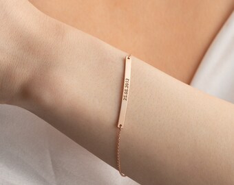 Personalized bar bracelet, custom engraved name bracelet, sterling silver, coordinates date gift for her