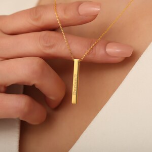 Sterling Silver Personalized 3D Vertical Bar Necklace, Customized 4 Sides bar necklace, Valentines Day Gift, Gift for Her