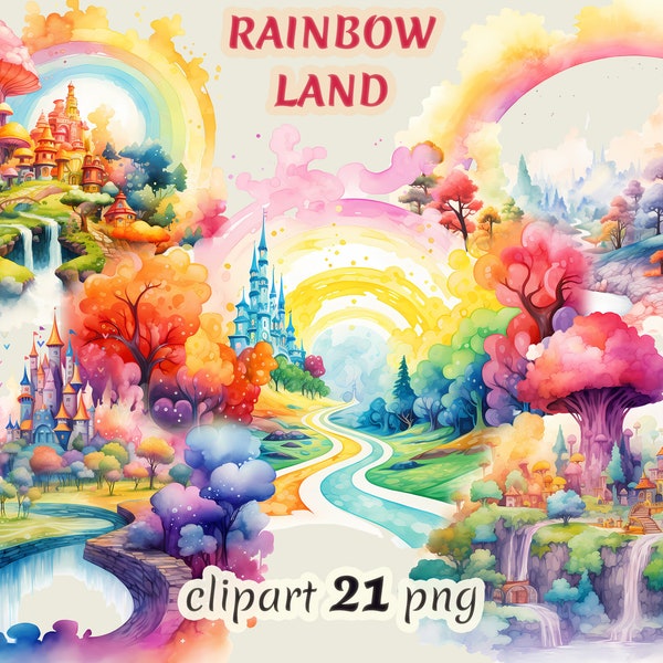 Watercolor rainbow land clipart, fairyland clipart, rainbow castle, color wonderland, paradise backdrop