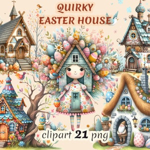Watercolor quirky easter houses clipart, egg tree house png, whimsical easter png, quirky easter girl, commercial free use.