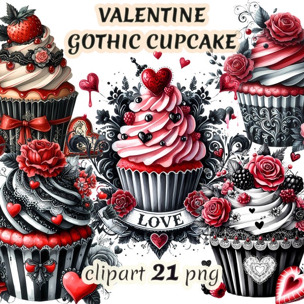 Watercolor valentine gothic cupcake clipart, red and black cupcake, valentine clipart, gothic valentine, commercial free use