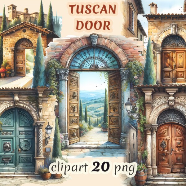 Watercolor Tuscan door clipart, italian entryway, rustic wood door, Tuscan gateaway, medieval gate, commercial free use