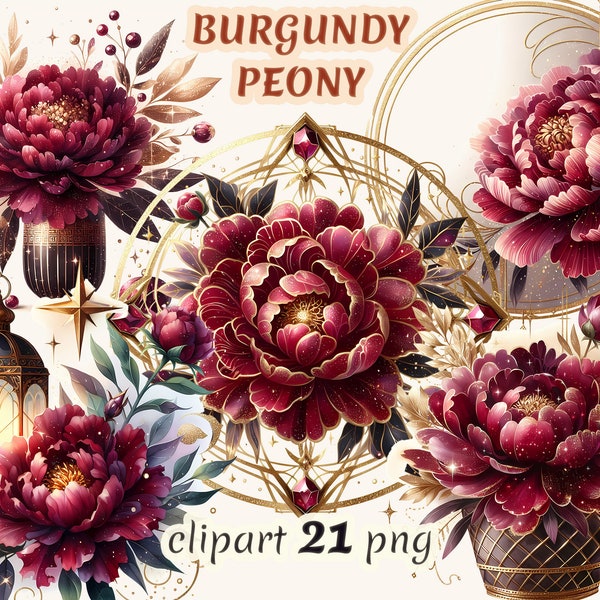 Watercolor burgundy peony clipart, peony frame, fancy flower png, deluxe decoration, art deco clipart, commercial free use