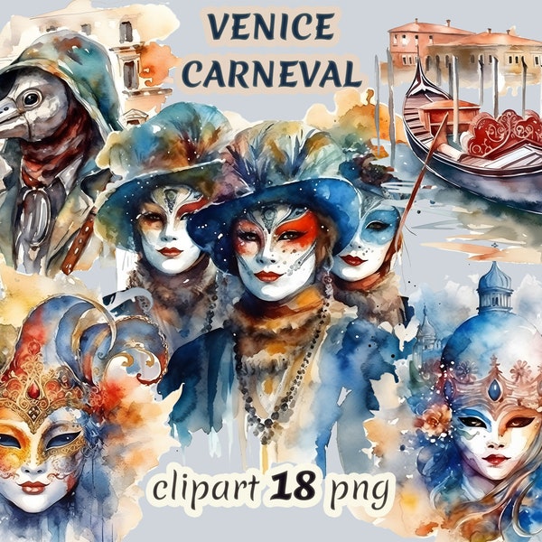 Watercolor Venice carneval clipart bundle on transparent background, masquerade ball, luxury mask, Italy vacation