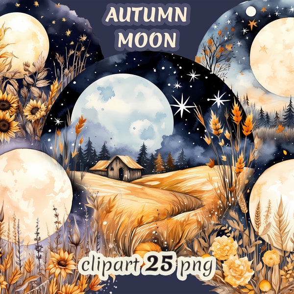 Watercolor autumn moon clipart, harvest moon, fall season, harvest field, autumn landscape