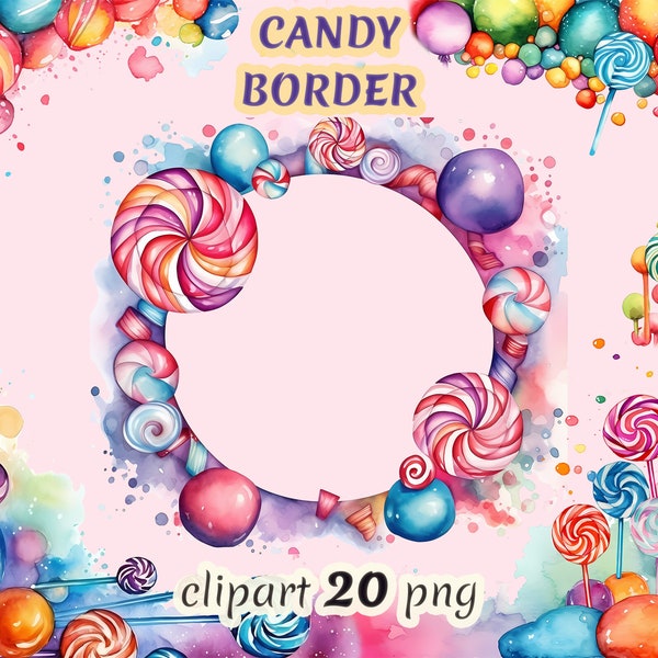 Watercolor candy border clipart, sweet border, candy background, sugary frame, candyland clipart, birthday invitation.