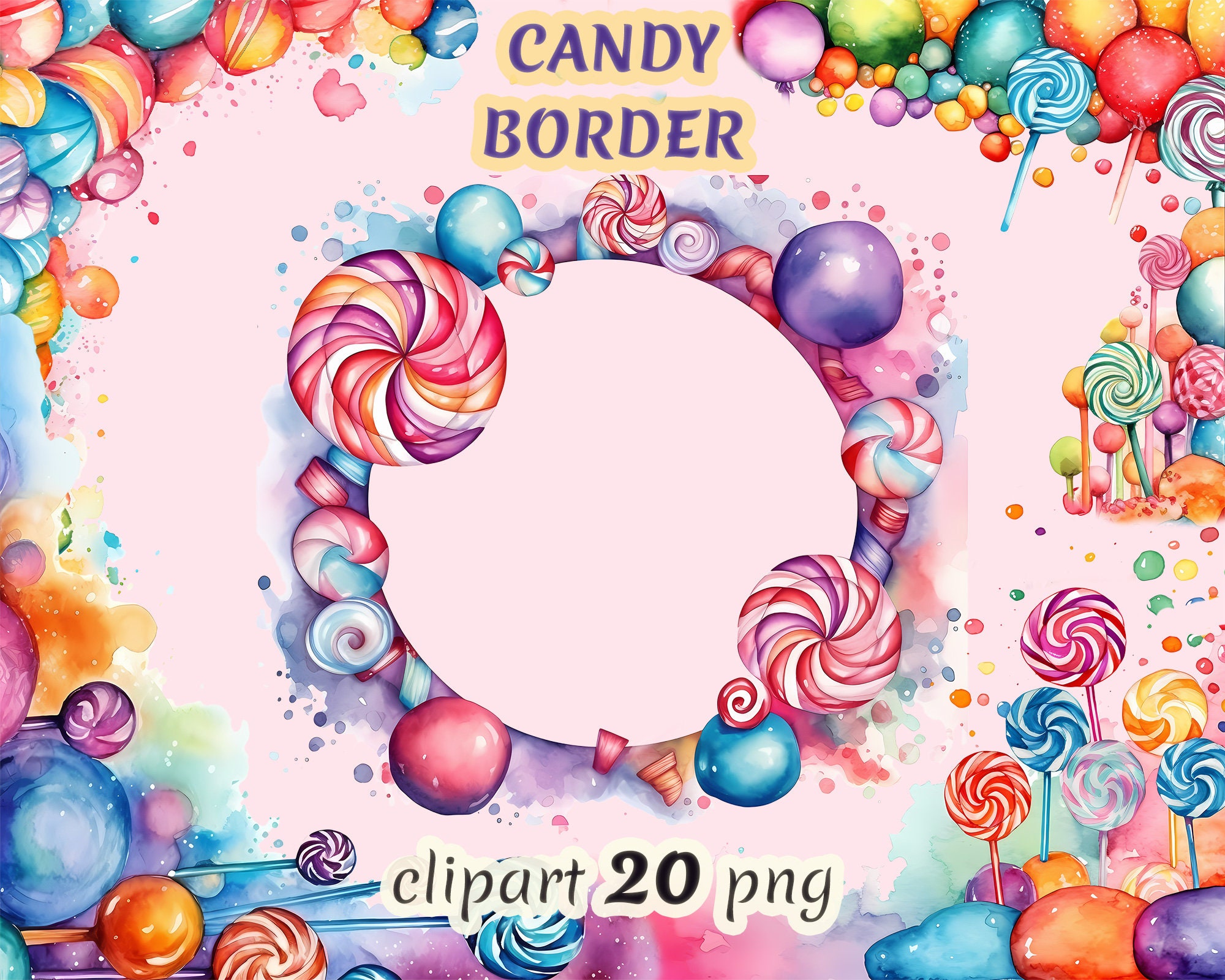 Watercolor Candy Border Clipart, Sweet Border, Candy Background, Sugary