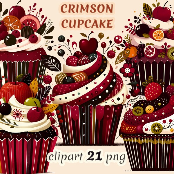 Crimson cupcake clipart, fruit cupcake, whimsical  cupcake , quirky sweet, birthday sweet, celebration sweet, berry cupcake