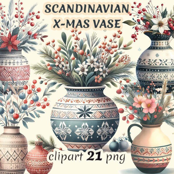 Watercolor scandinavian Christmas vase clipart, folk nature elements, hygge folk vase, scandinavian vase, scandi Christmas