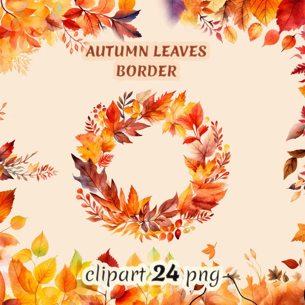 Watercolor autumn leaves border clipart, fall decoration png, orange leaves , fall wreath, autumn garland