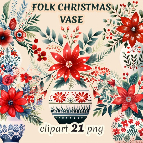 Watercolor folk Christmas vase clipart,  folk nature elements, hygge folk vase, scandinavian vase, scandi Christmas