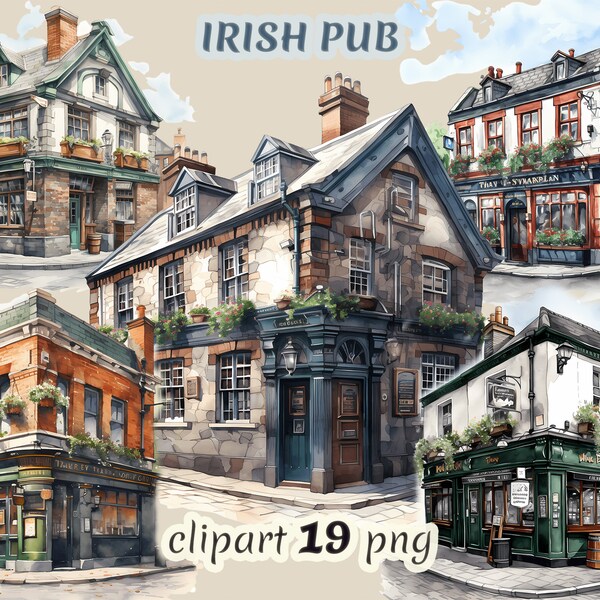 Watercolor Irish pub clipart, Shamrock tavern, emerald pub, summer vacation, Cloverleaf tavern