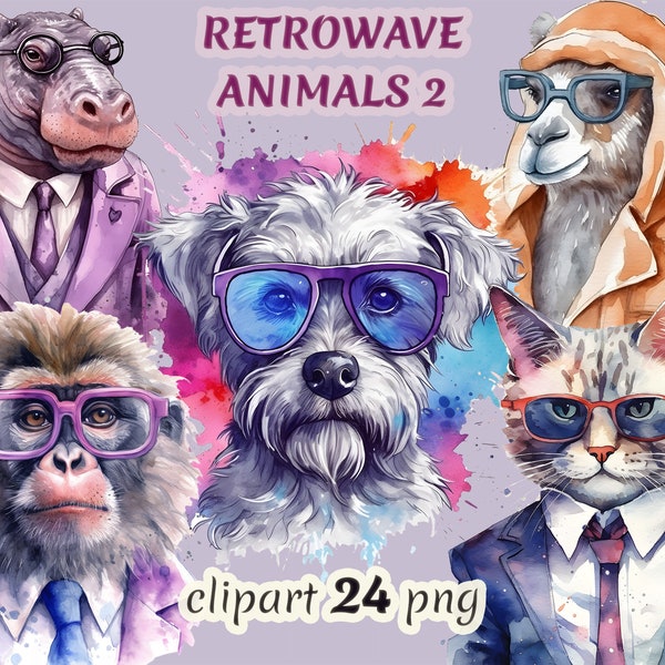 Watercolor retrowave animals clipart bundle on transparent background,  neon animals, neon monkey, pink glasses