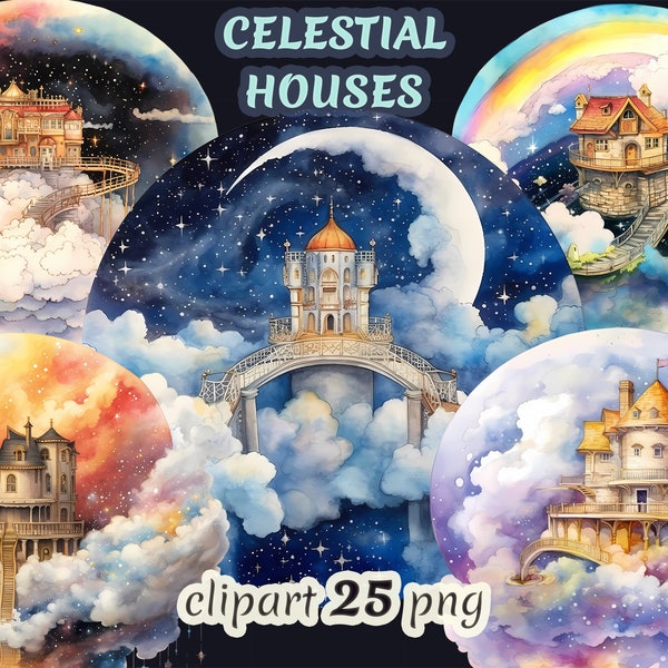 Watercolor celestial houses clipart bundle on transparent background, houses in the clouds, rainbow gate