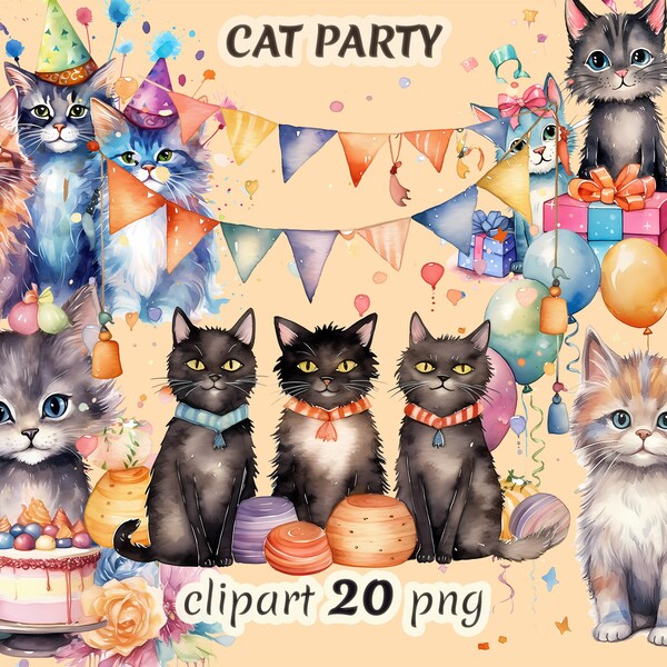 Aquarell Katze Clipart Bundle auf transparentem Hintergrund, lustige Katze, Tier Geburtstag, Kitty Feier