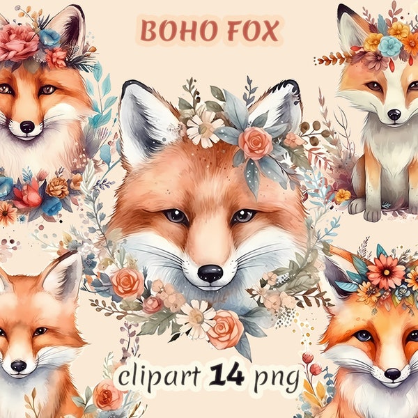 Watercolor boho fox clipart bundle on transparent background, nursery clipart, wild animal, cute fox