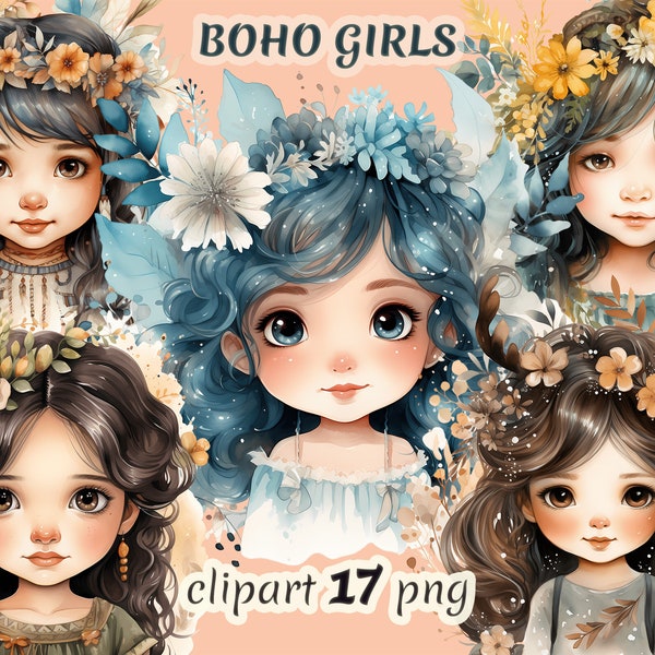Watercolor boho girls clipart, hippie little ladies, curly hair girl, floral shirt design, fairy ladies png