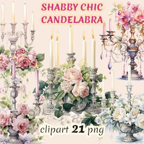 Watercolor Shabby chic candelabra clipart, candles with bow, shabby chic candles, floral candelabra