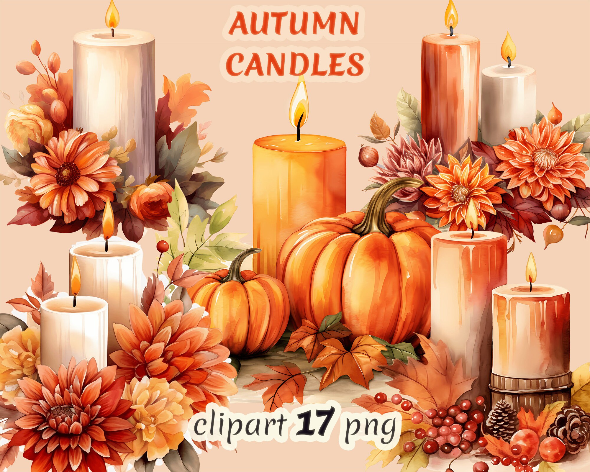 Watercolor Autumn Candles Clipart, Fall Decoration, Floral Autumn