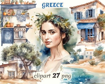 Watercolor Greece clipart bundle on transparent background, greekvillage, coffe shop, greek taverna