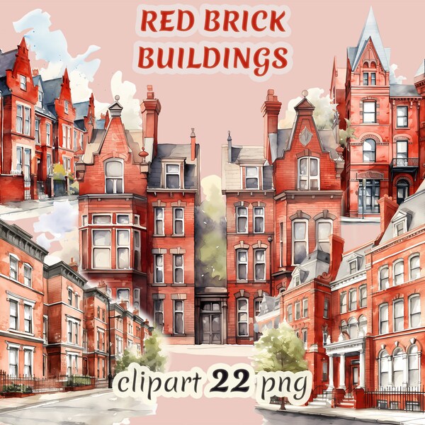 Watercolor red brick buildings clipart, victorian era , edwardian era, american houses, british houses