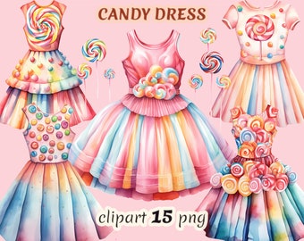 Watercolor candy dress clipart bundle on transparent background, sweet party, girl birtday party, rainbow dress
