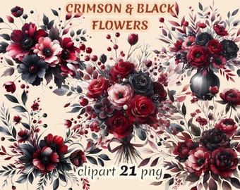 Watercolor crimson and black flowers, dark fantasy wedding, moody florals png, commercial free use, floral wedding arch