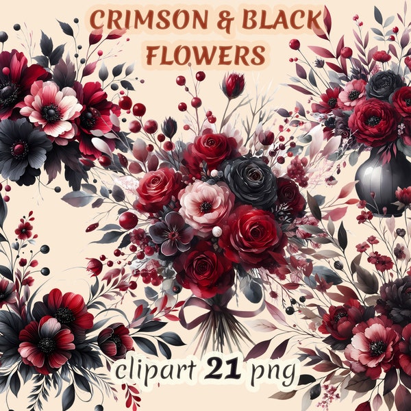 Watercolor crimson and black flowers, dark fantasy wedding, moody florals png, commercial free use, floral wedding arch