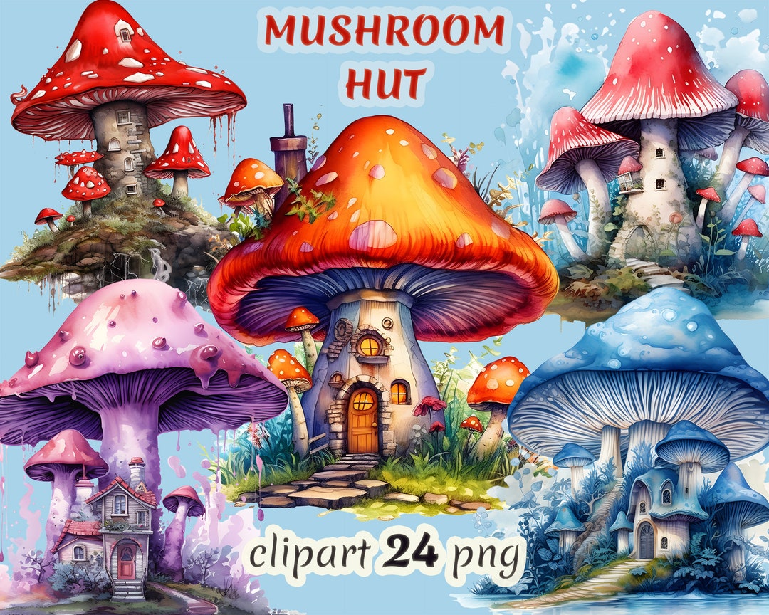 Watercolor Mushroom Hut Clipart Bundle on Transparent Background, Magic