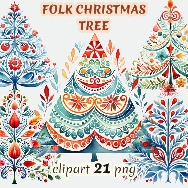 Watercolor folk Christmas tree clipart, folk nature elements, hygge folk tree, scandinavian tree, scandi Christmas