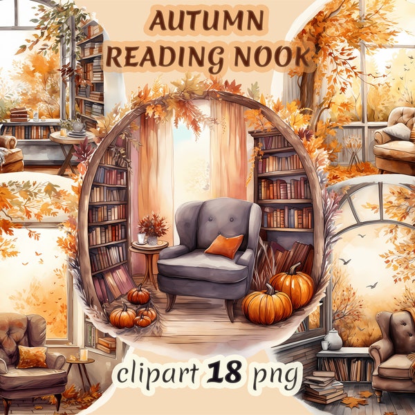 Watercolor autumn reading nook clipart, whimsical autumn, reading corner, cozy reading room, pumpkin decoration