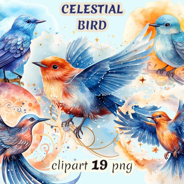 Watercolor celestial bird, whimsical bird, charming night, book illustration, moonlight clipart , free commercial use