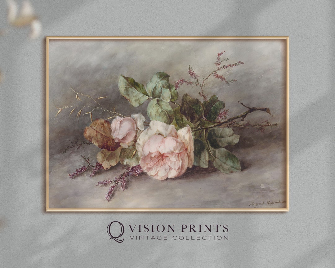 Antique Pink Rose Print, Vintage Floral Wall Art Printable, Flower ...