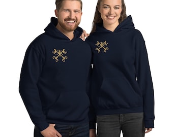 May include: Two navy blue hooded sweatshirts with a gold emblem on the chest. The sweatshirts have a front pocket and a drawstring hood. The emblem is a stylized design with multiple intersecting lines and shapes.